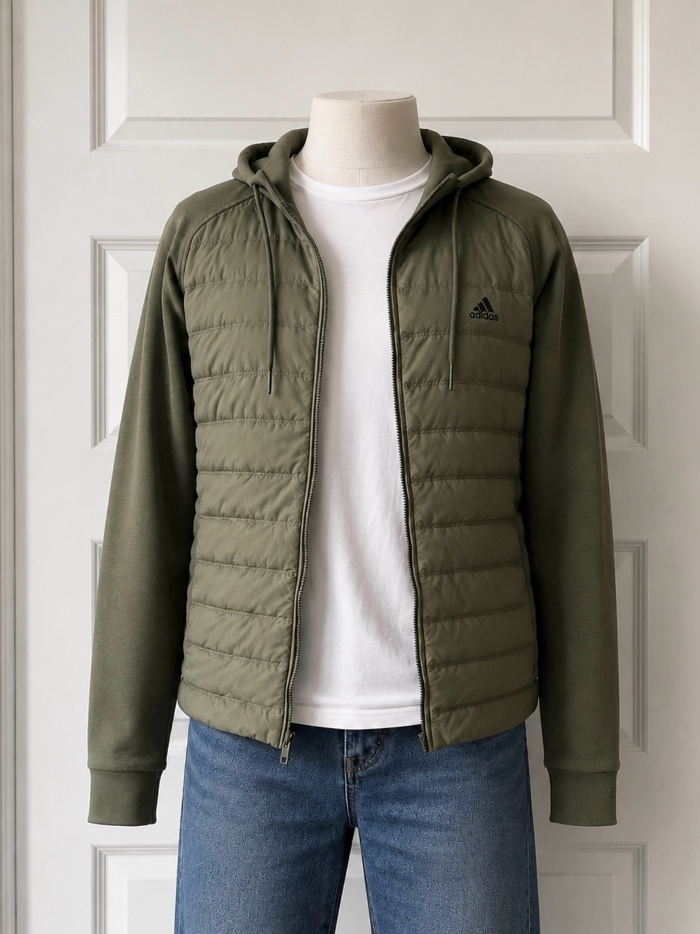 Adidas Olive Green Hybrid Puffer Hoodie Jacket Women’s Large Full Zip Athletic